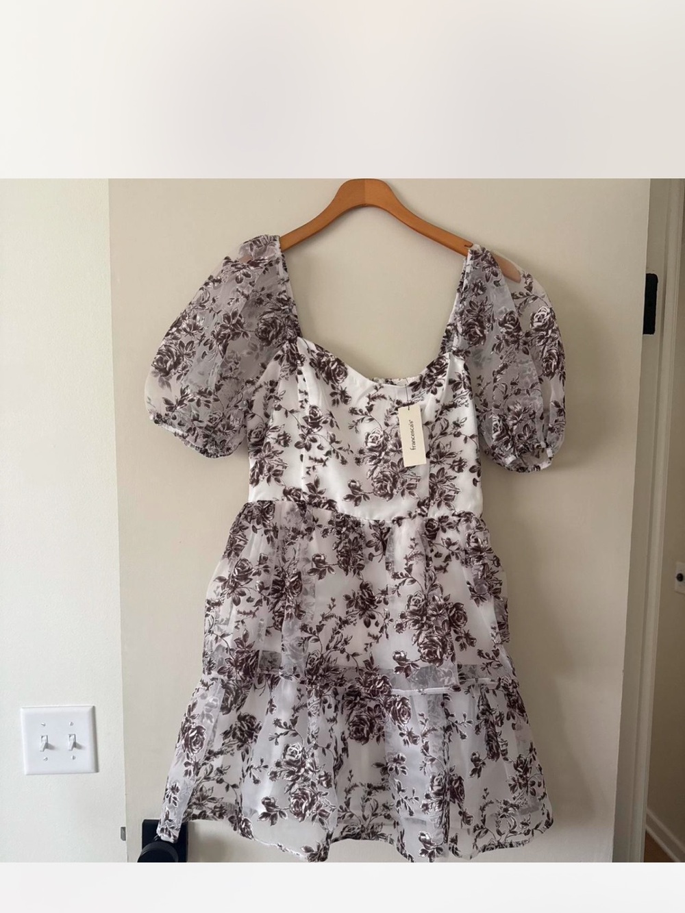 Floral Puff-Sleeve Mini Dress - White with Brown Floral Print new with tags